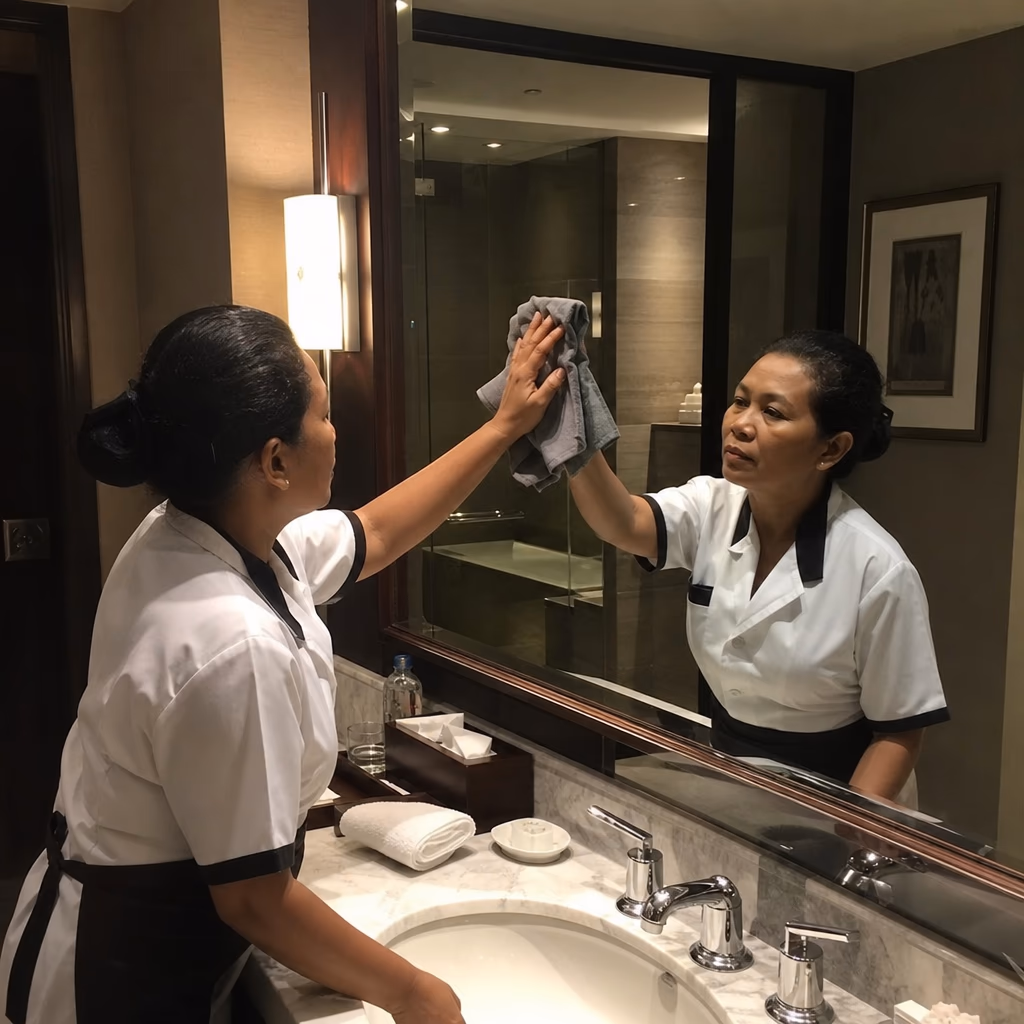 Hotel-Housekeeperin in einem makellos glänzenden Badezimmer